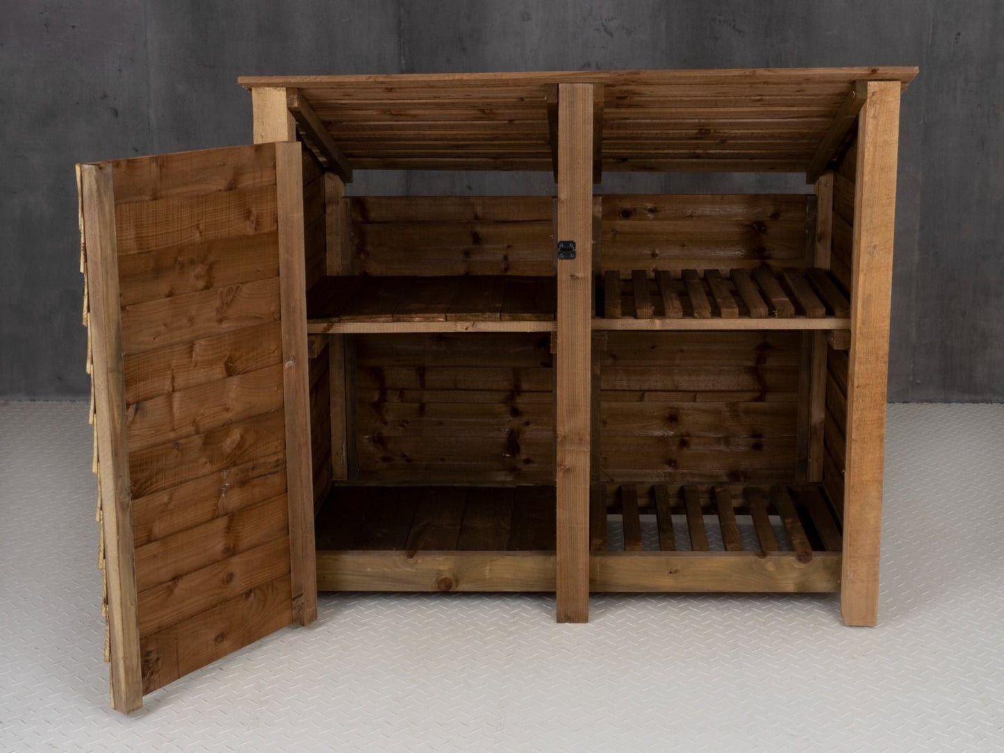 Wooden Garden Tool Storage (Roof Sloping Back) with Shelf W-146cm, H-126cm or 180cm, D-88cm - Brown Finish