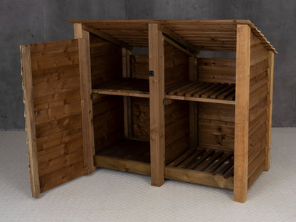 Wooden Garden Tool Storage (Roof Sloping Back) with Shelf W-146cm, H-126cm or 180cm, D-88cm - Brown Finish