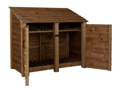 Wooden Log Store with Door and Shelf W-146cm, H-126cm or 180cm, D-88cm - Brown Finish
