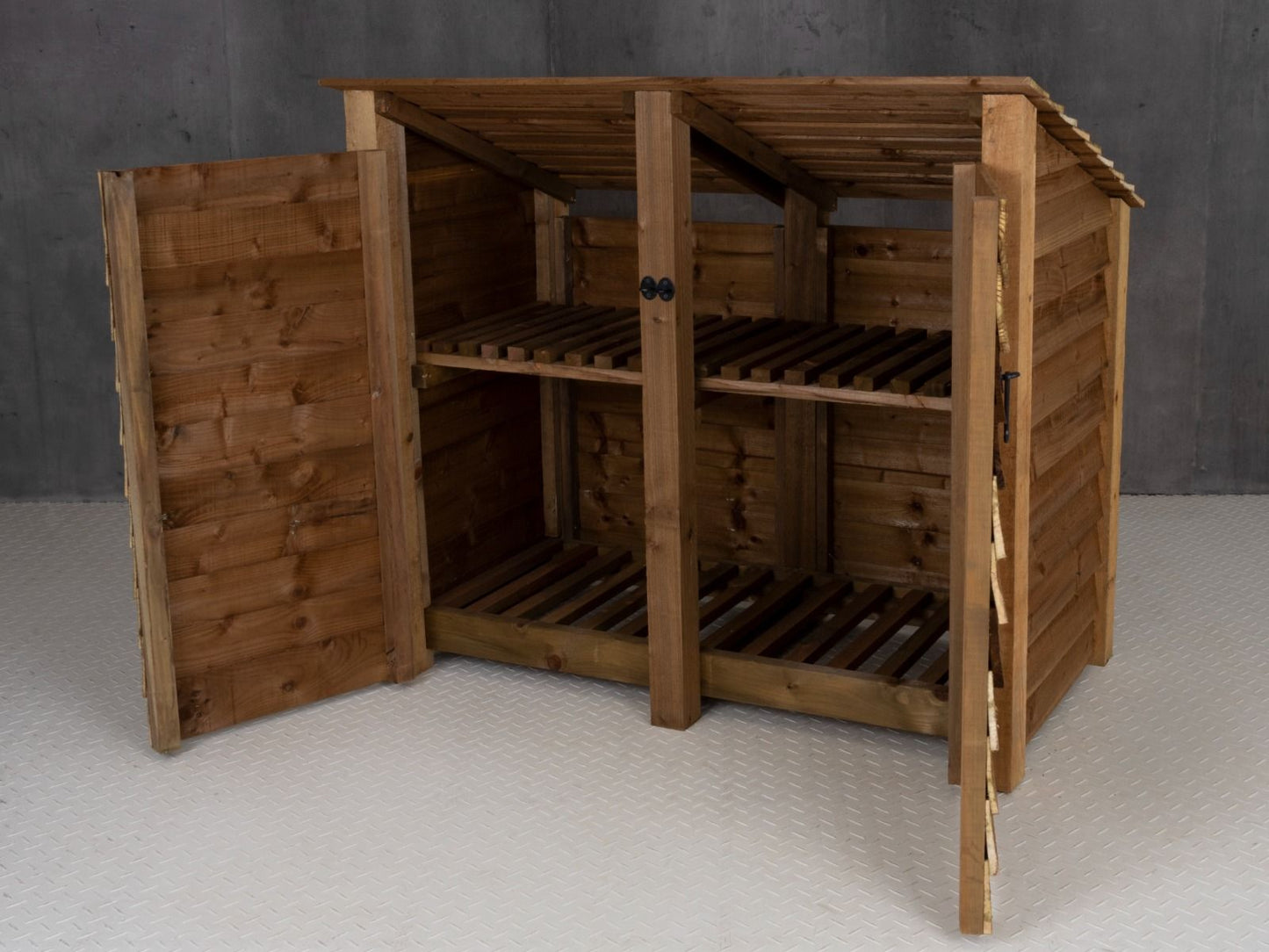Wooden Log Store (Roof Sloping Back) with Door and Shelf W-146cm, H-126cm or 180cm, D-88cm - Brown Finish