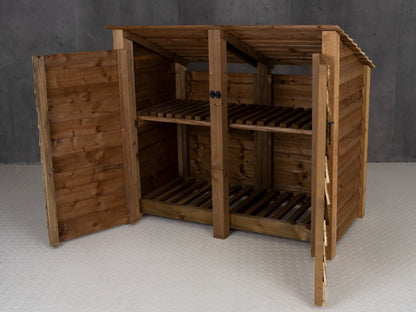 Wooden Log Store (Roof Sloping Back) with Door and Shelf W-146cm, H-126cm or 180cm, D-88cm - Brown Finish