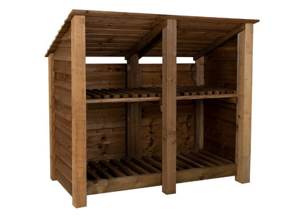 Wooden Log Store (Roof Sloping Back) with Shelf W-146cm, H-126cm or 180cm, D-88cm - Brown Finish