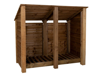 Wooden Log Store (Roof Sloping Back) W-146cm, H-126cm or 180cm, D-88cm - Brown Finish