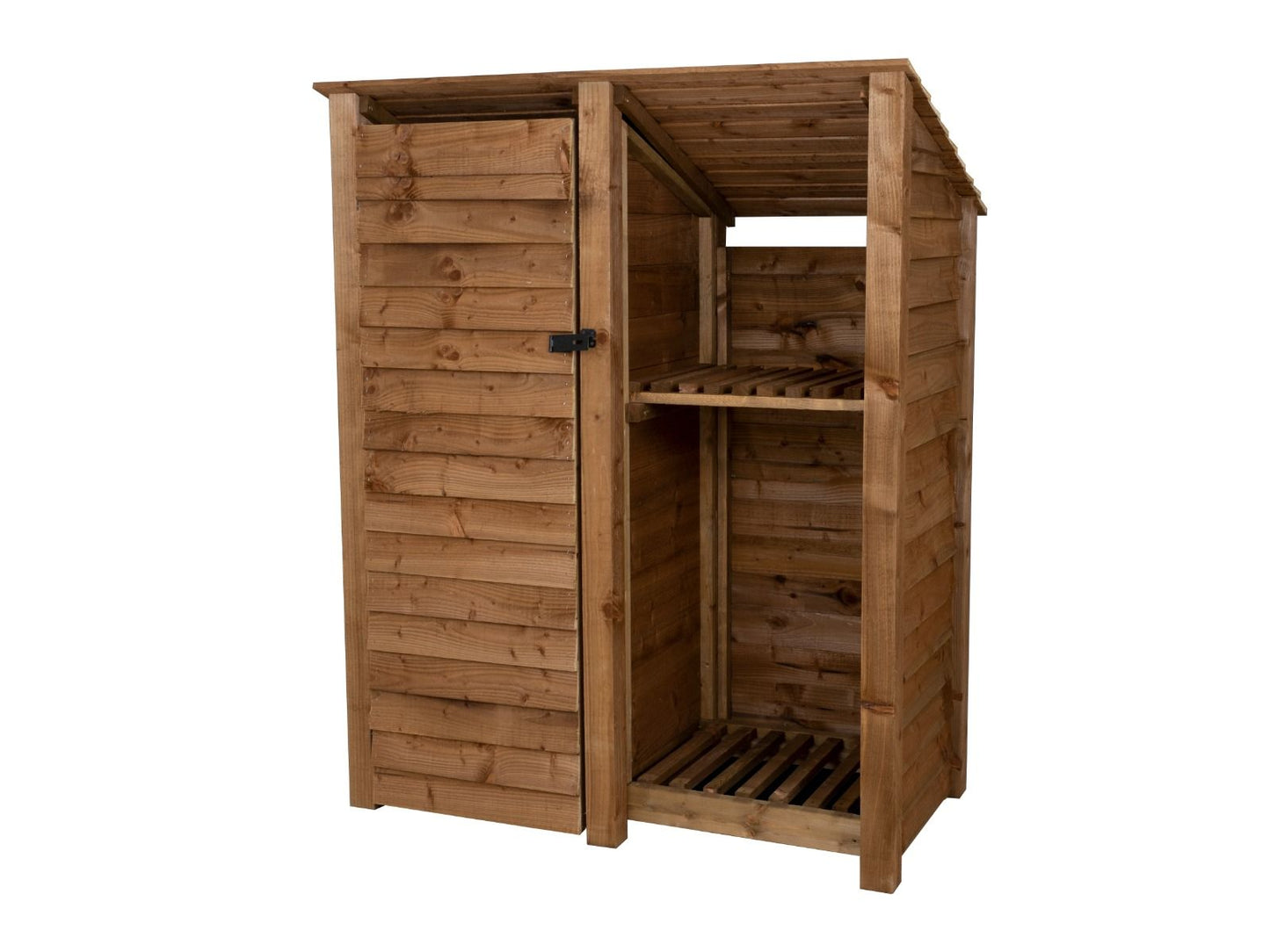Wooden Garden Tool Storage (Roof Sloping Back) with Shelf W-146cm, H-126cm or 180cm, D-88cm - Brown Finish