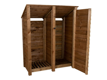 Wooden Garden Tool Storage (Roof Sloping Back) W-146cm, H-126cm or 180cm, D-88cm - Brown Finish