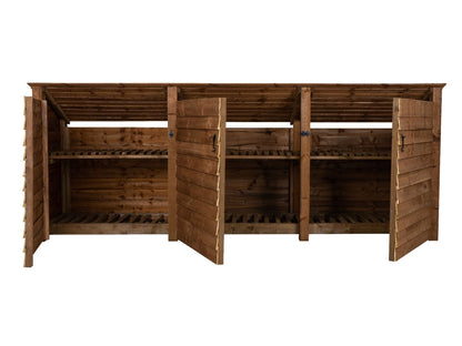 Wooden Log Store (Roof Sloping Back) with Doors and Shelf W-335cm, H-126cm or 180cm, D-88cm - Brown Finish