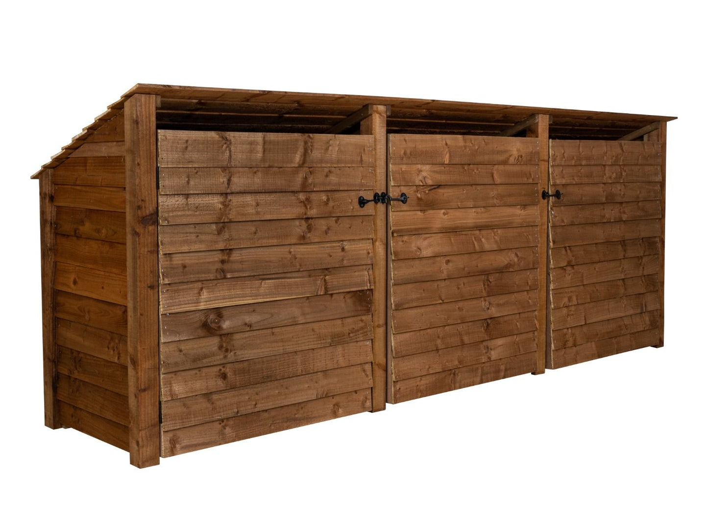 Wooden Log Store (Roof Sloping Back) with Doors and Shelf W-335cm, H-126cm or 180cm, D-88cm - Brown Finish