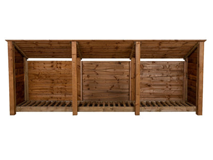 Wooden Log Store (Roof Sloping Back) W-335cm, H-126cm or 180cm, D-88cm - Brown Finish