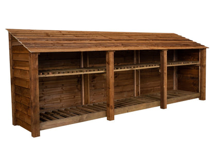 Wooden Log Store with Shelf W-335cm, H-126cm or 180cm, D-88cm - Brown Finish