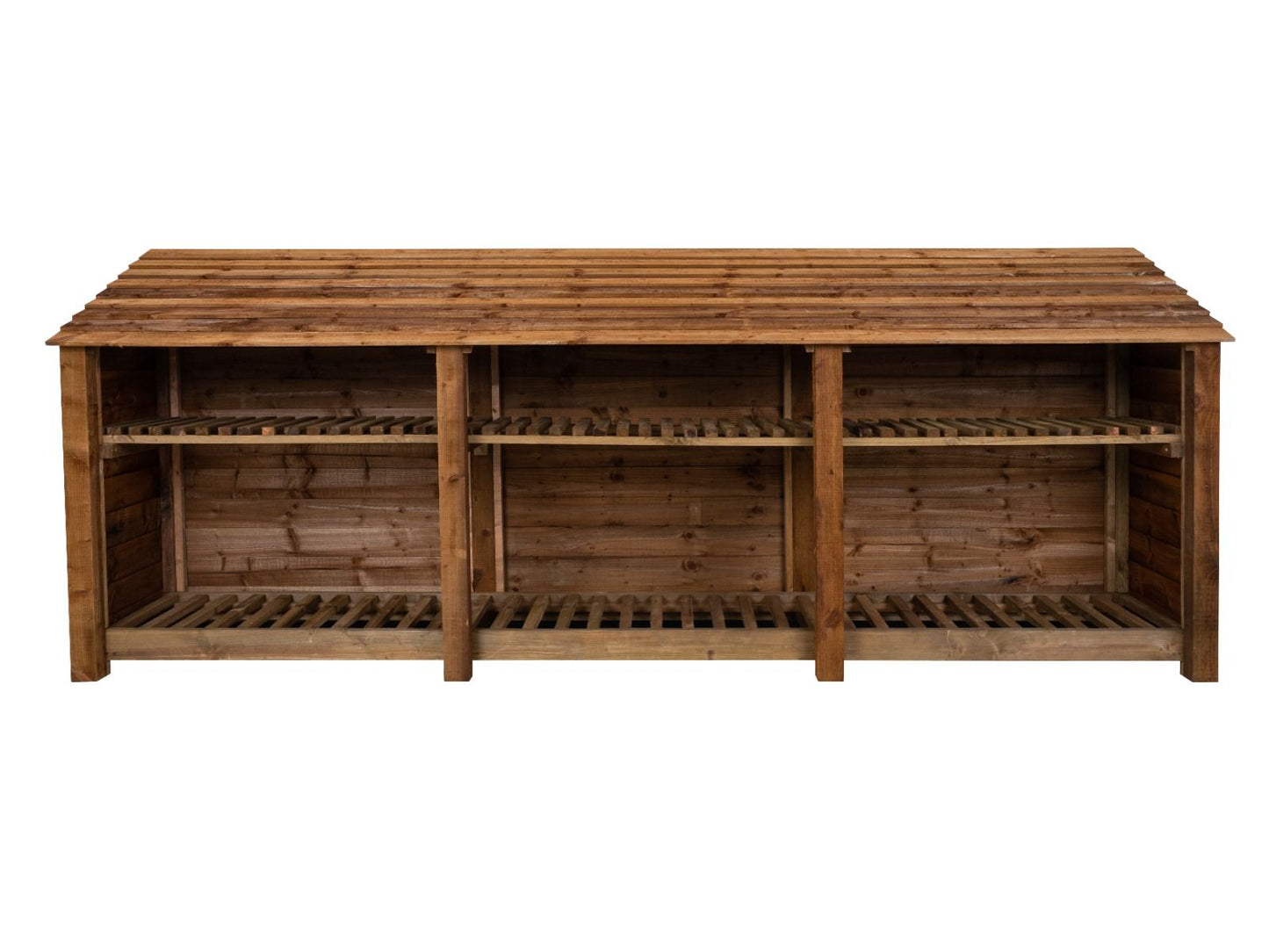 Wooden Log Store with Shelf W-335cm, H-126cm or 180cm, D-88cm - Brown Finish