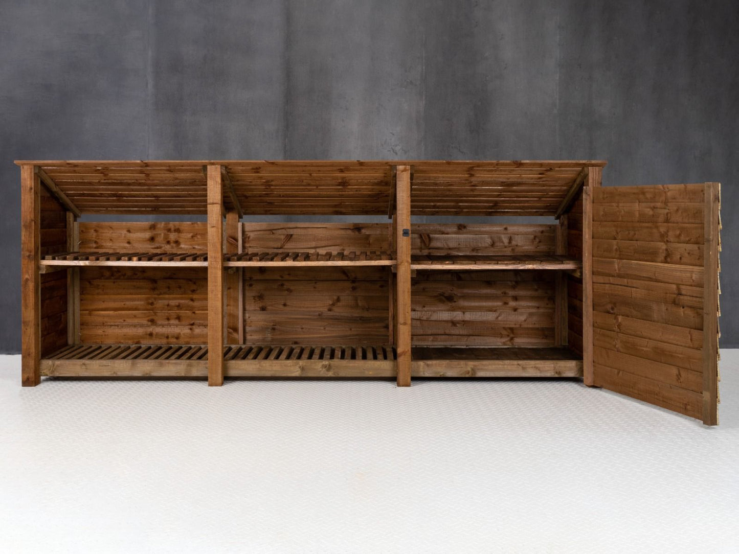 Wooden Garden Tool Storage (Roof Sloping Back) with Shelf W-335cm, H-126cm or 180cm, D-88cm - Brown Finish