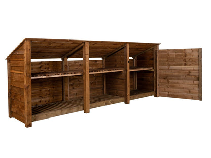 Wooden Garden Tool Storage (Roof Sloping Back) with Shelf W-335cm, H-126cm or 180cm, D-88cm - Brown Finish