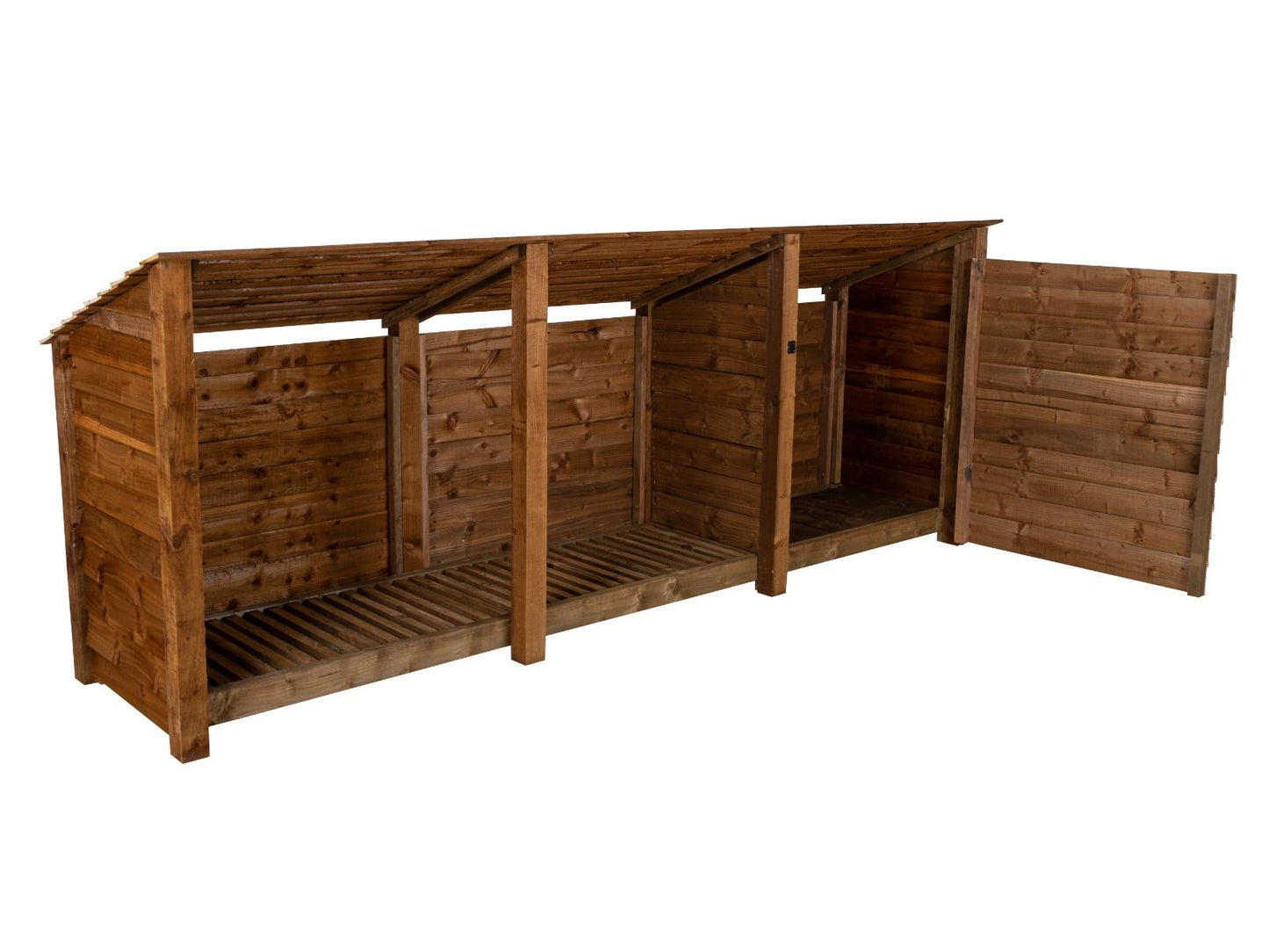 Wooden Garden Tool Storage (Roof Sloping Back) W-335cm, H-126cm or 180cm, D-88cm - Brown Finish