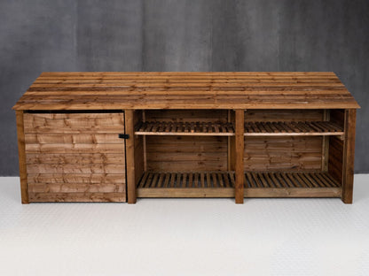 Wooden Garden Tool Storage with Shelf W-335cm, H-126cm or 180cm, D-88cm - Brown Finish