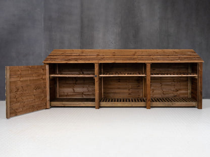 Wooden Garden Tool Storage with Shelf W-335cm, H-126cm or 180cm, D-88cm - Brown Finish