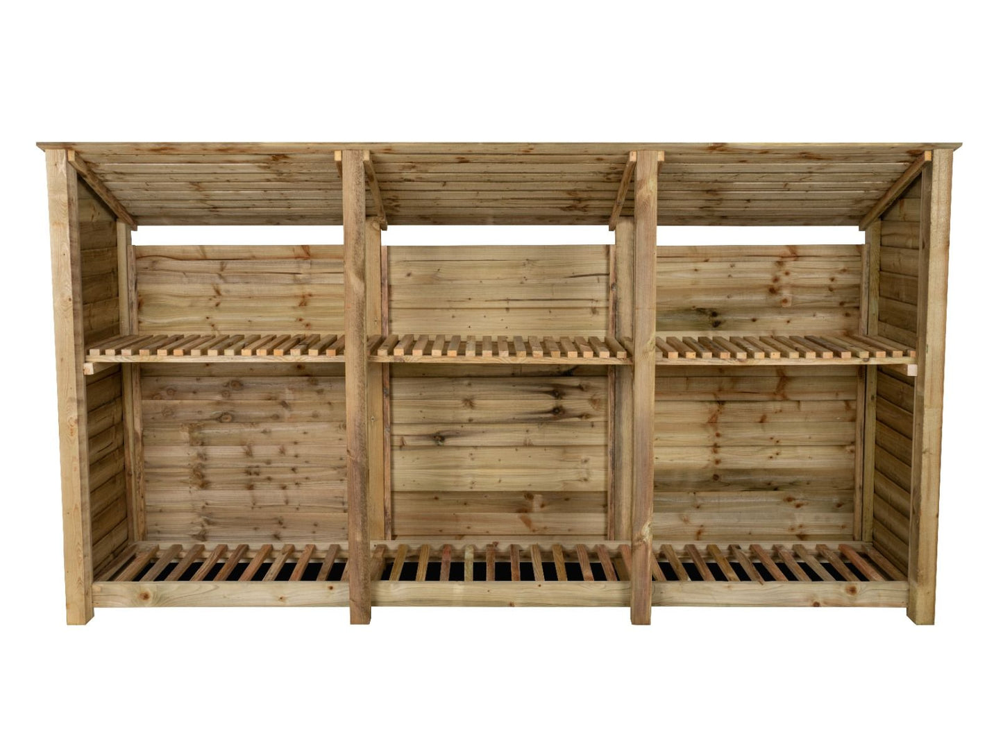 Wooden Log Store (Roof Sloping Back) with Shelf W-335cm, H-126cm or 180cm, D-88cm