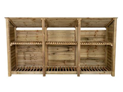 Wooden Log Store (Roof Sloping Back) with Shelf W-335cm, H-126cm or 180cm, D-88cm