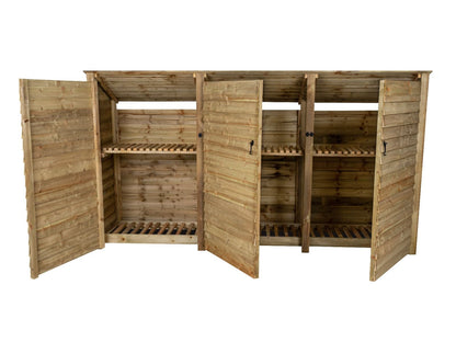 Wooden Log Store (Roof Sloping Back) with Doors and Shelf W-335cm, H-126cm or 180cm, D-88cm