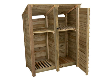 Wooden Garden Tool Storage (Roof Sloping Back) with Shelf W-146cm, H-126cm or 180cm, D-88cm
