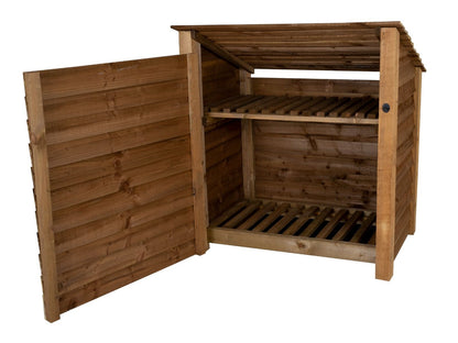 Wooden Log Store (Roof Sloping Back) with Door and Shelf W-119cm, H-126cm or 180cm, D-88cm - Brown Finish