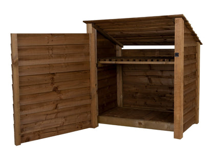 Wooden Garden Tool Storage with Shelf (Roof Sloping Back) W-119cm, H-126cm or 180cm, D-88cm - Brown Finish