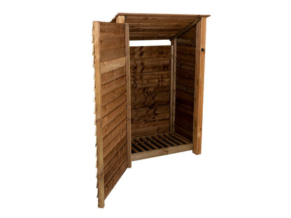 Wooden Log Store (Roof Sloping Back) with Door W-119cm, H-126cm or 180cm, D-88cm - Brown Finish