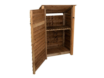 Wooden Garden Tool Storage with Shelf (Roof Sloping Back) W-119cm, H-126cm or 180cm, D-88cm - Brown Finish