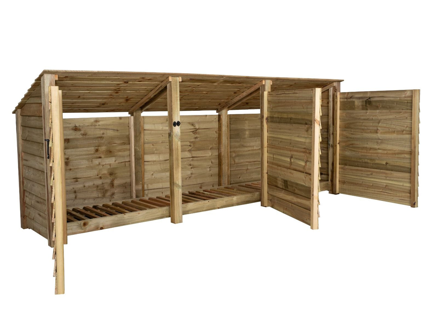 Wooden Log Store (Roof Sloping Back) with Doors W-335cm, H-126cm or 180cm, D-88cm