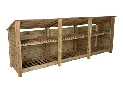 Wooden Log Store (Roof Sloping Back) with Shelf W-335cm, H-126cm or 180cm, D-88cm