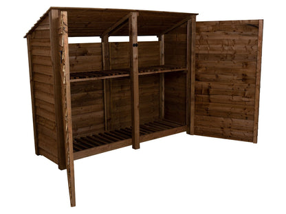 Wooden Log Store (Roof Sloping Back) with Doors and Shelf W-227cm, H-126cm or 180cm, D-88cm - Brown Finish