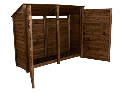 Wooden Log Store (Roof Sloping Back) with Doors W-227cm, H-126cm or 180cm, D-88cm - Brown Finish