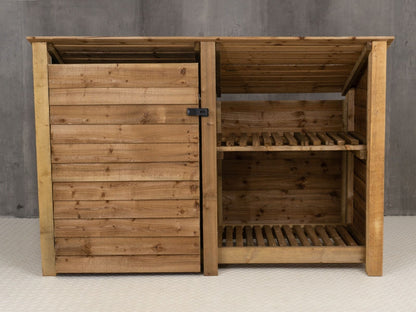 Wooden Garden Tool Storage (Roof Sloping Back) with Shelf W-187cm, H-126cm or 180cm, D-88cm - Brown Finish