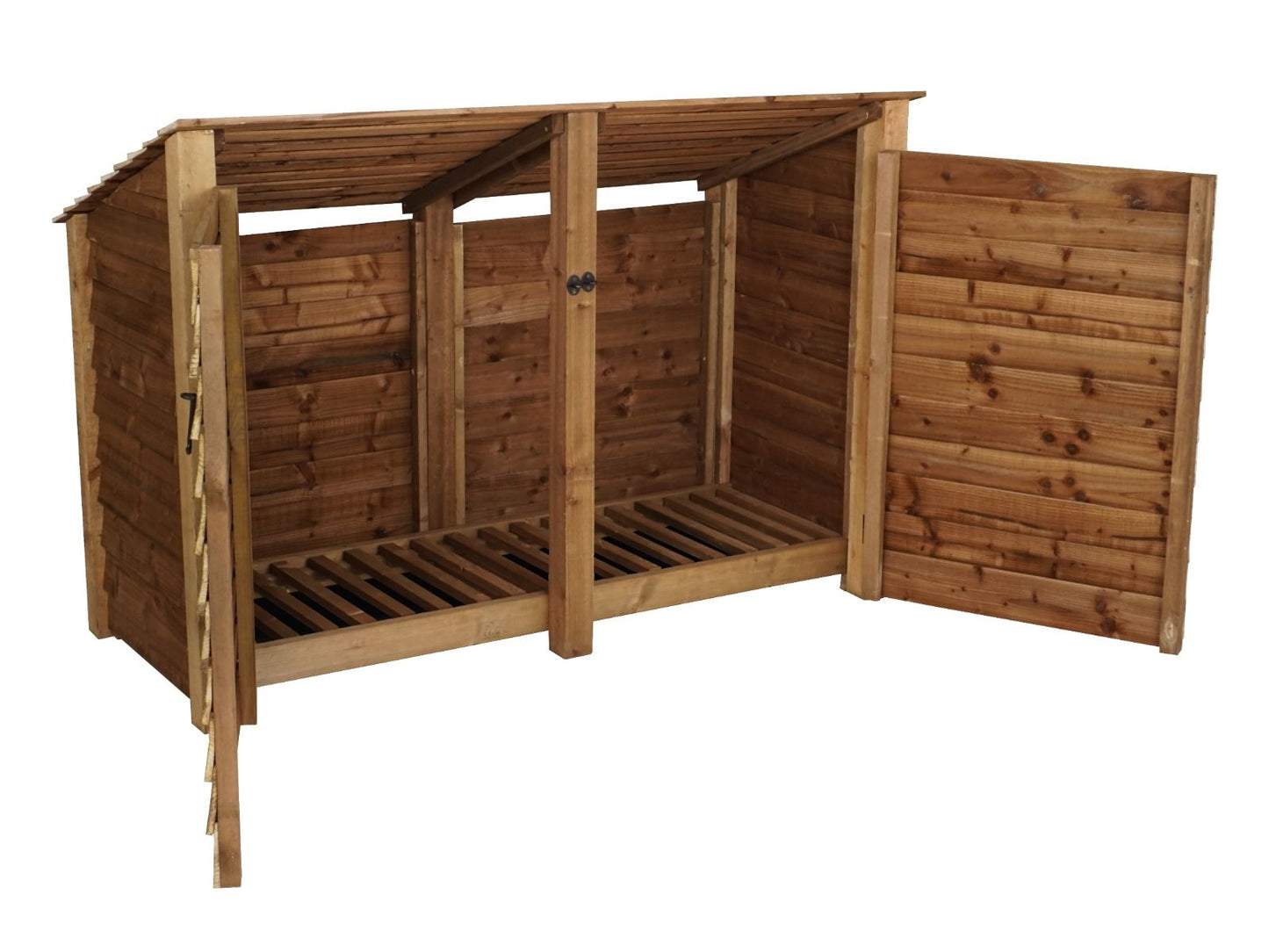 Wooden Log Store (Roof Sloping Back) with Doors W-187cm, H-126cm or 180cm, D-88cm - Brown Finish