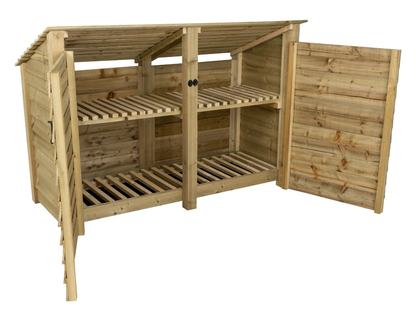 Wooden Log Store (Roof Sloping Back) with Doors and Shelf W-187cm, H-126cm or 180cm, D-88cm