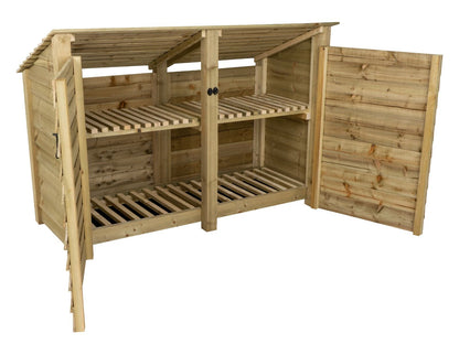 Wooden Log Store (Roof Sloping Back) with Doors and Shelf W-187cm, H-126cm or 180cm, D-88cm