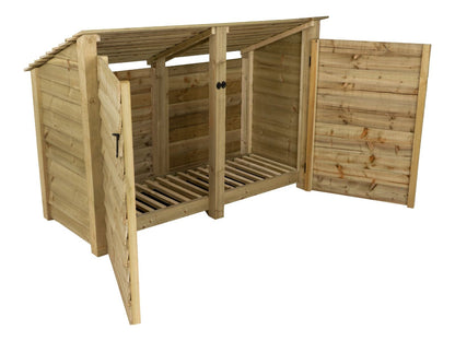 Wooden Log Store (Roof Sloping Back) with Door W-146cm, H-126cm or 180cm, D-88cm