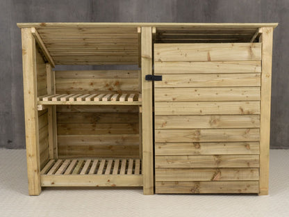 Wooden Garden Tool Storage (Roof Sloping Back) with Shelf W-187cm, H-126cm or 180cm, D-88cm