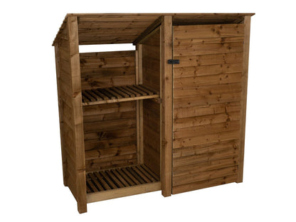 Wooden Garden Tool Storage (Roof Sloping Back) with Shelf W-187cm, H-126cm or 180cm, D-88cm - Brown Finish