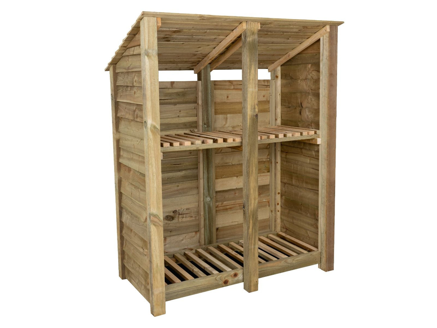 Wooden Log Store (Roof Sloping Back) with Shelf W-146cm, H-126cm or 180cm, D-88cm