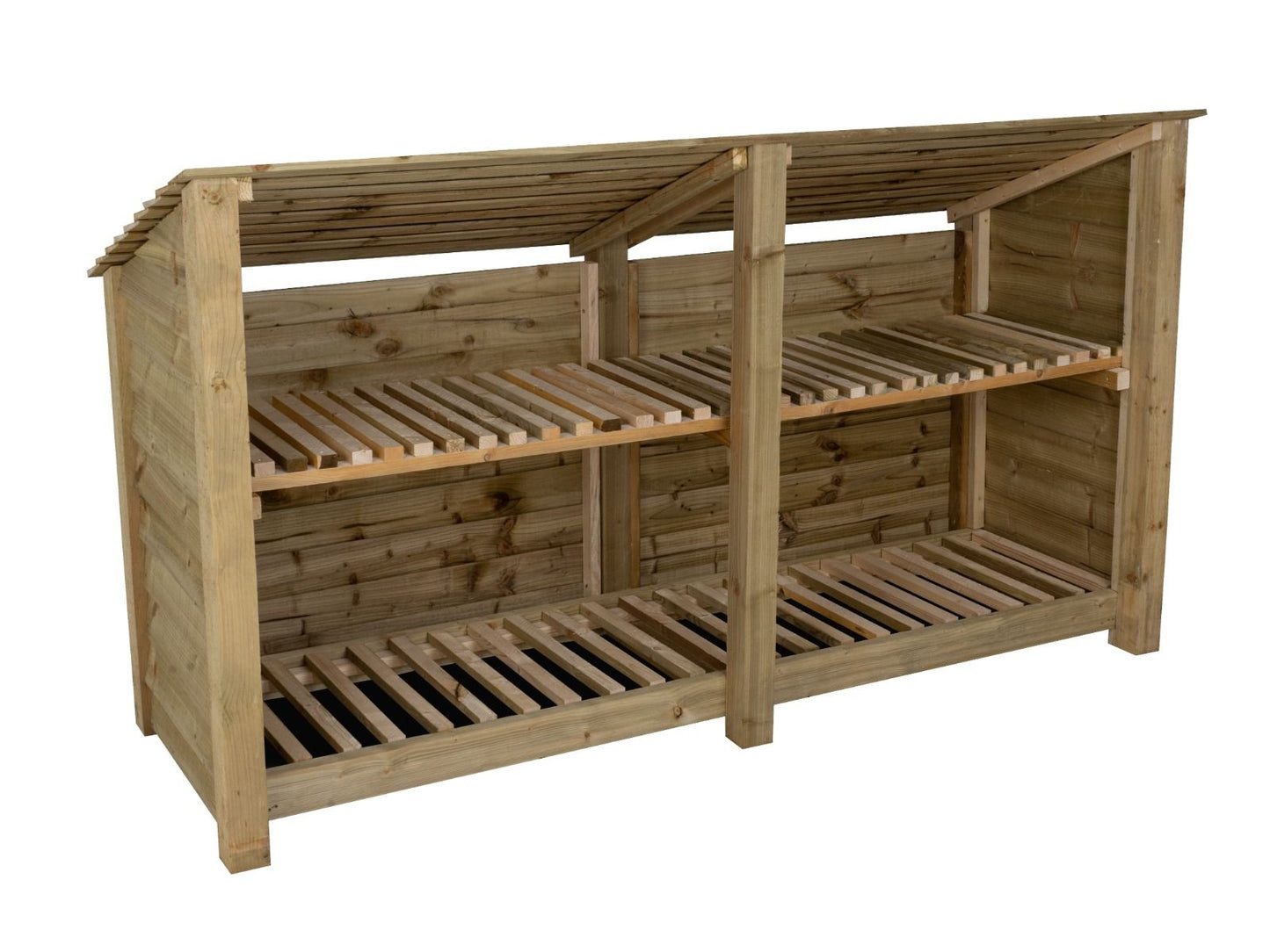 Wooden Log Store (Roof Sloping Back) with Shelf W-227cm, H-126cm or 180cm, D-88cm