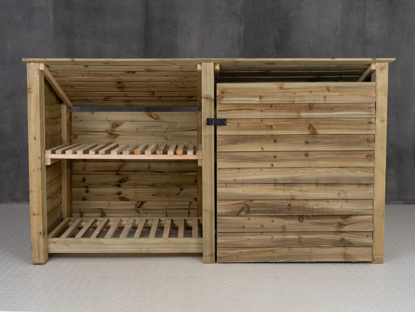 Wooden Garden Tool Storage (Roof Sloping Back) with Shelf W-227cm, H-126cm or 180cm, D-88cm