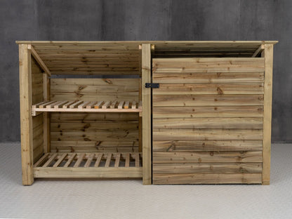 Wooden Garden Tool Storage (Roof Sloping Back) with Shelf W-227cm, H-126cm or 180cm, D-88cm