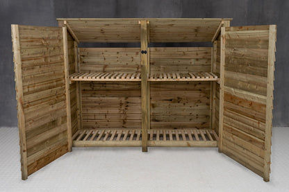 Wooden Log Store (Roof Sloping Back) with Doors and Shelf W-227cm, H-126cm or 180cm, D-88cm