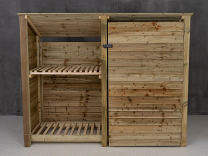 Wooden Garden Tool Storage (Roof Sloping Back) with Shelf W-227cm, H-126cm or 180cm, D-88cm