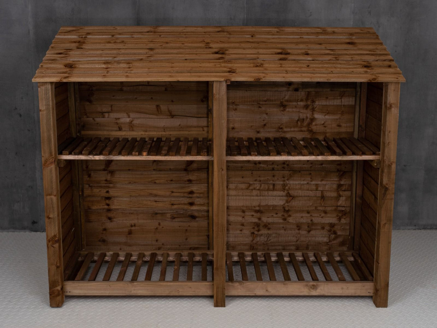 Wooden Log Store with Shelf W-227cm, H-126cm or 180cm, D-88cm - Brown Finish