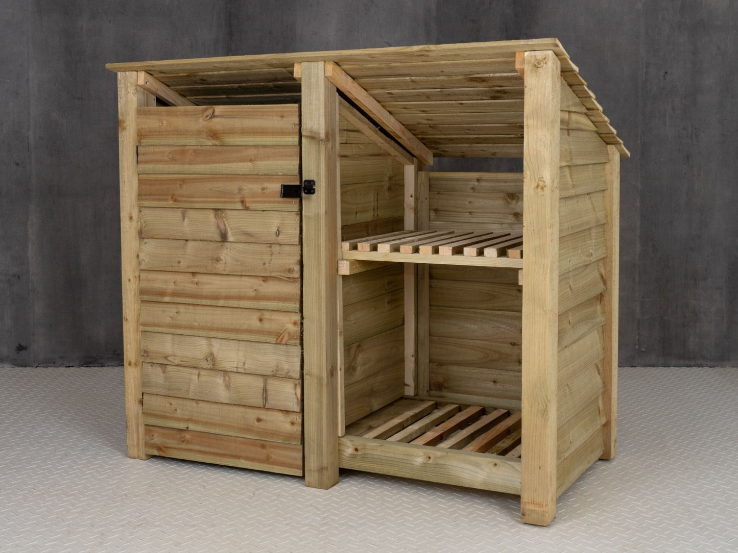 Wooden Garden Tool Storage (Roof Sloping Back) with Shelf W-146cm, H-126cm or 180cm, D-88cm