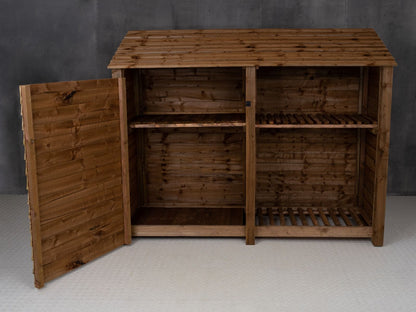 Wooden Garden Tool Storage with Shelf W-227cm, H-126cm or 180cm, D-88cm - Brown Finish