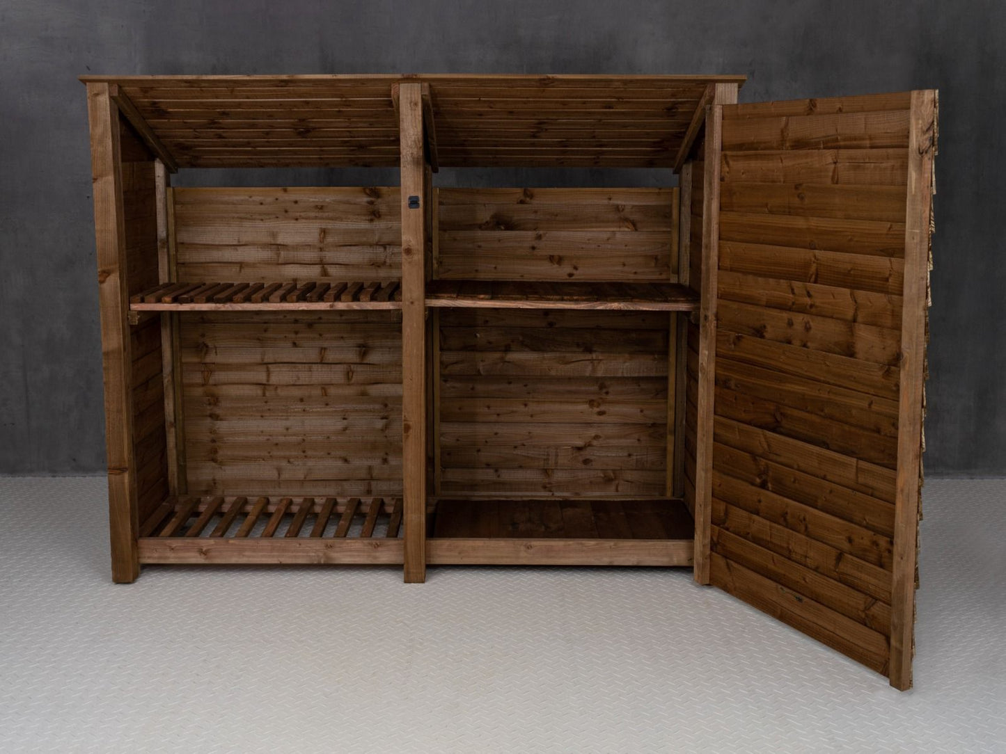 Wooden Garden Tool Storage (Roof Sloping Back) with Shelf W-227cm, H-126cm or 180cm, D-88cm - Brown Finish