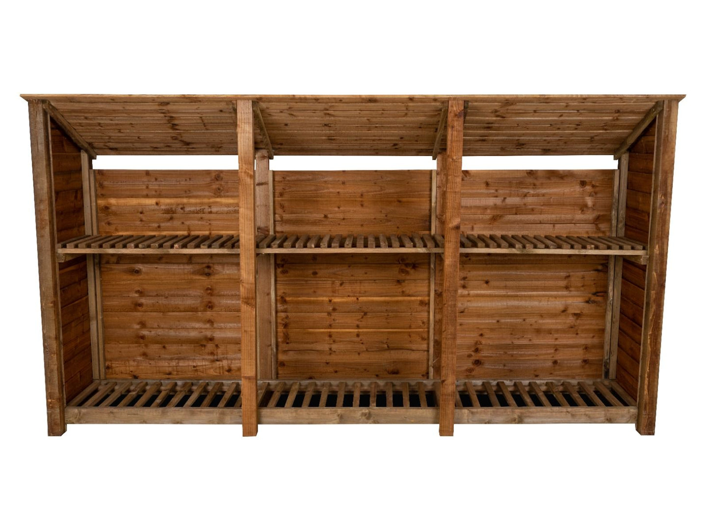 Wooden Log Store (Roof Sloping Back) with Shelf W-335cm, H-126cm or 180cm, D-88cm - Brown Finish