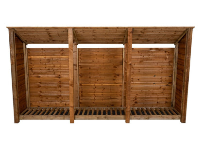 Wooden Log Store (Roof Sloping Back) W-335cm, H-126cm or 180cm, D-88cm - Brown Finish